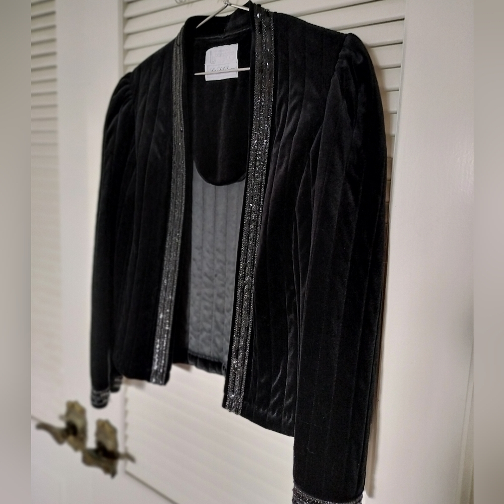 Vintage Tom Bezduda Barad & Co Saks Fifth Ave Black Velvet Jacket Sequin Trim M